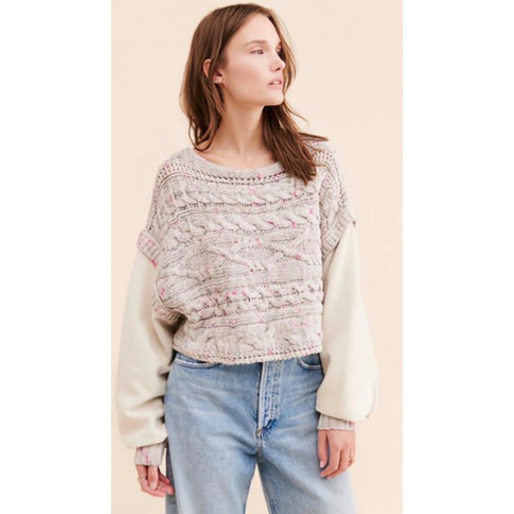 Free People Gray Cable Knit Cropped Sweater Sweatshirt pink specs Size L NWT